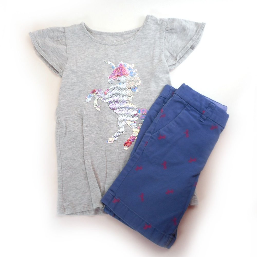 2 Piece Lot Girls Size 5 Unicorn Top and Shorts Sonoma Oshkosh Sequins